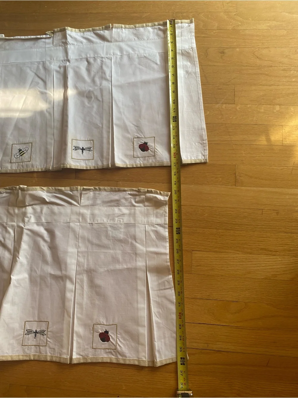 2 Hand Embroidered Cotton Valances Ladybug Bee Dragonfly Farmhouse Cottage